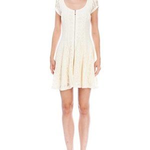 V0-Virgin Only Womens Zip Front S’ Eyelet Lace Lined Cap Sleeve Ivory Mini Dress
